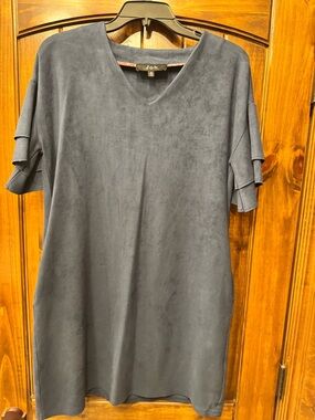 Navy Suede Short Sleeve V-Neck Dress